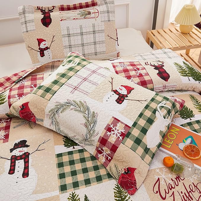 Christmas Quilt Set Queen Size Christmas Bedding Reversible Quilt Rustic Lodge Moose Buffalo Plaid Patchwork Bedding Holiday Xmas Home Decor Lightweight Quilt Bedspread Coverlet