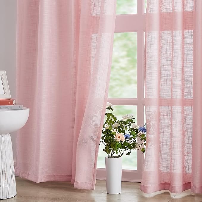 FMFUNCTEX Linen Textured Semi Sheer Pink Curtains for Bedroom Living Room, Blush Pink Curtain Panels 84 Inches Long Sheer Window Drapes Farmhouse Light Filtering 2 Panels Rod Pocket