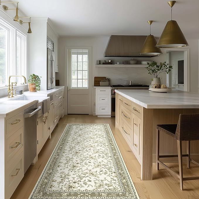 Beige Tan Neutral Boho Washable 3x8 Extra Long Hallway Runner Rug, Extra Large Kitchen Floor Rug Indoor Entryway Non-Slip Low Pile Machine Washable, Farmhouse Light Taupe Pattern Floral Design