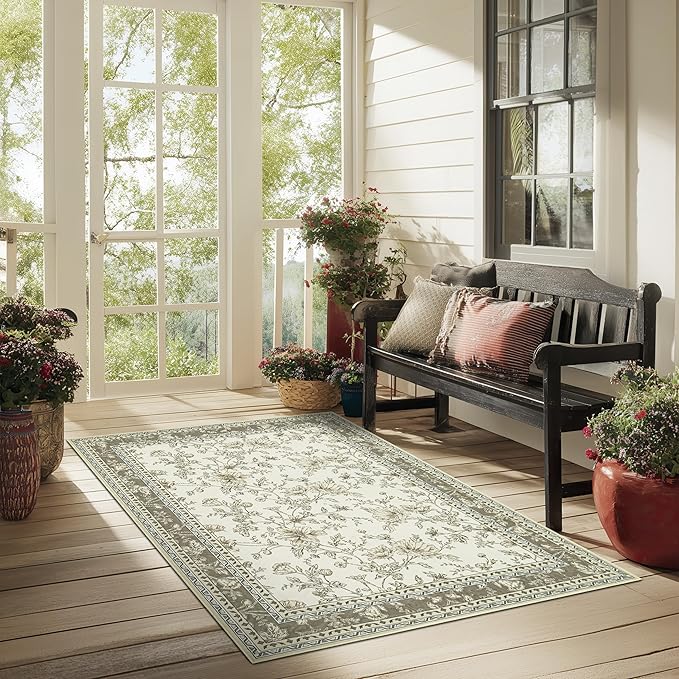 3x5 Beige Khaki Floral Area Rug for Entryway Soft Washable Modern Boho Farmhouse Rug Non-Slip Taupe Oatmeal Earth Tone Sketch Style Flower Vintage Aesthetic Carpet for Bedroom, Dining Room Door Mat