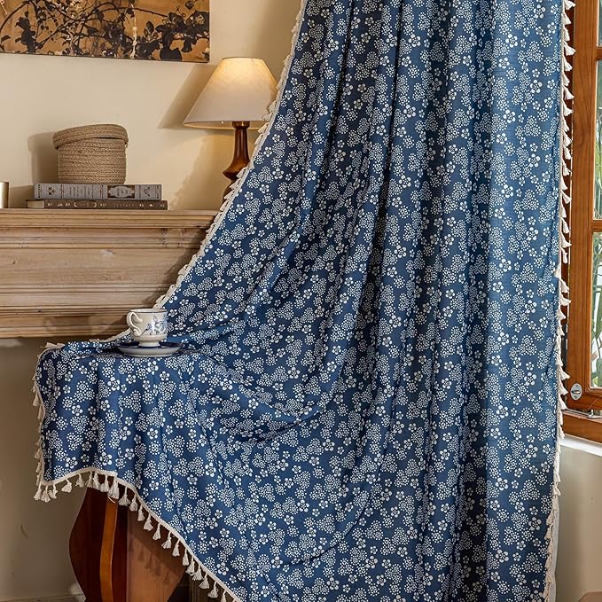 ENJOYBRIDAL White Floral Curtains 63 Inch Long Semi Sheer Navy Blue Drapes Short Decor Farmhouse Bedroom Window Curtains 2 Panel Sets Boho Tassel Rod Pocket Living Room Aesthetic Window Treatments