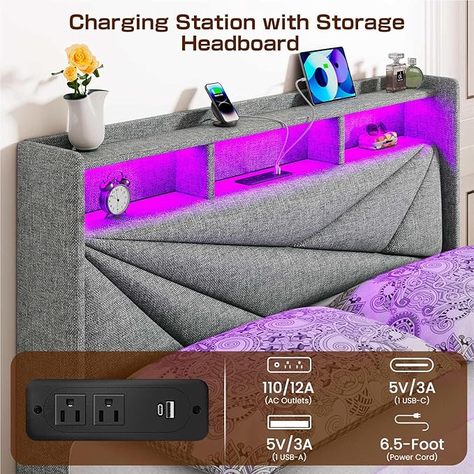 LED Queen Bed Frame with 4 Storage Drawers, Upholstered Bed Frame Queen Size with 2-Tier Headboard and Charging Station, No Box Spring Needed, Easy to Assembly - Light Grey