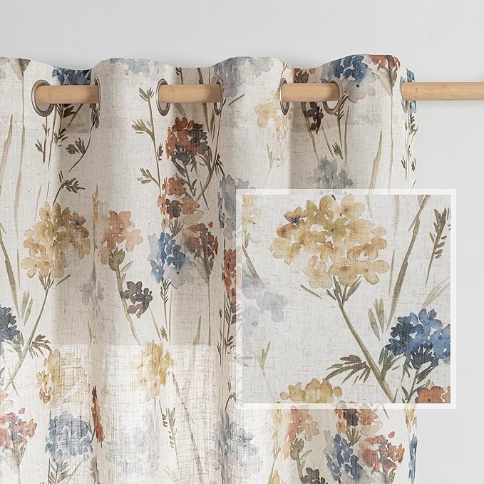 MYSKY HOME Long Floral Curtains for Living Room Bedroom Linen Semi Sheer Light Filtering Privacy Protect Drapes Flower Print Farmhouse Soft Touch for Dining Room, Yellow, W52 X L102, Pack-2