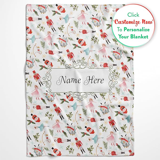 Personalized Nutcracker Christmas Blanket - Ships Next Day, Printed in USA - Plush Fleece Sofa Throw, Holiday Home Decor, Soft Christmas Bedding, Customizable Ballet Themed (Sherpa 60x80)