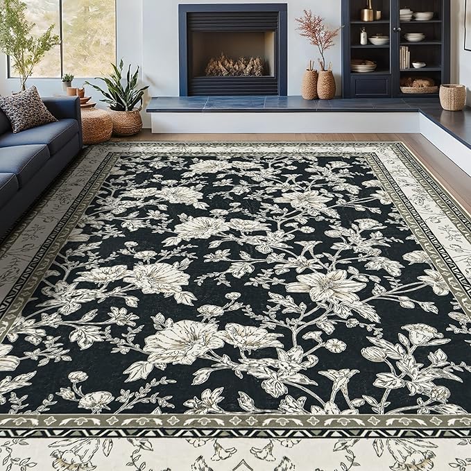 Black Floral Area Rugs 6x9 Living Room, Black with Cream Beige Taupe Flower Design Low-Pile Washable Rugs for Bedroom Dining Room, Vintage Modern Farmhouse Boho Indoor Floor Carpet Kids Playroom