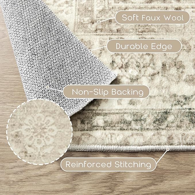 Boho Cream Area Rugs 6x9 for Bedroom Washable Floral Neutral Modern Rug for Living Room,Light Beige and Tan Brown