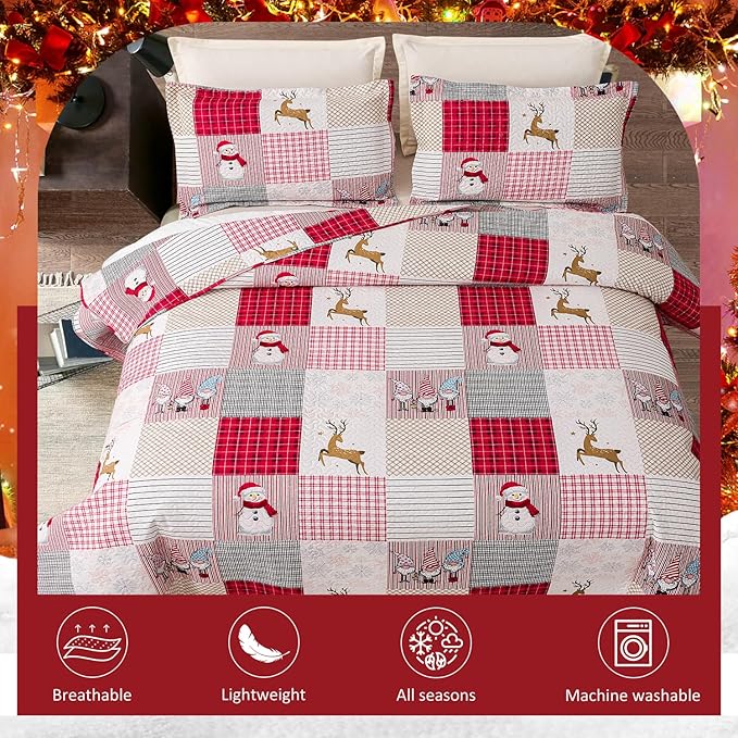 Jessy Home Christmas Bedding Set Twin Christmas Quilt Bedspread,Pink Gnome Santa Claus Plaid Patchwork Xmas Quilt Bedding Decor Winter Snowman Elk Lightweight Reversible Bedspread Coverlet