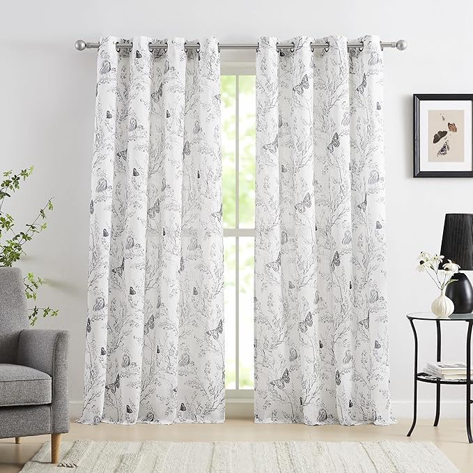 Jubilantex Butterfly Leaf Semi Sheer Curtains 84" L Curtain Panels for Kids Bedroom,Black Print on White Light Filtering Window Drapes,Grommet Top