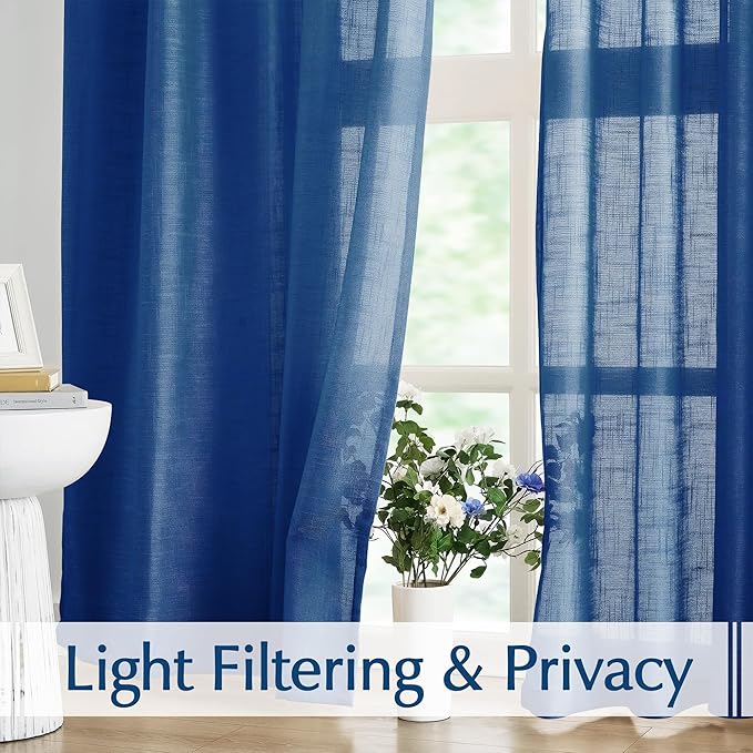 FMFUNCTEX Linen Semi Sheer Navy Blue Curtains for Bedroom Living Room, Blue Curtain Panels 84 Inches Long Sheer Linen Textured Window Drapes Farmhouse Light Filtering 2 Panels Rod Pocket