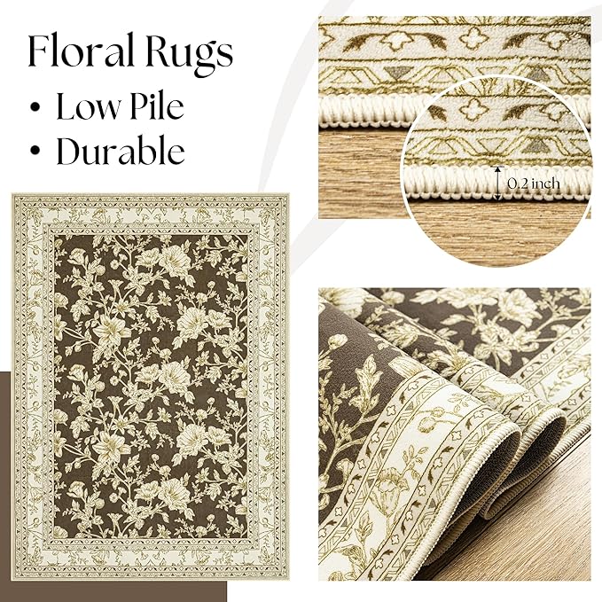 Brown Floral Print Area Rugs for Bedroom Living Room Boho Farmhouse Country Rustic Dining Room Carpet Soft Washable Rugs Non Slip Floor Covering for Nursery Playroom 3x5