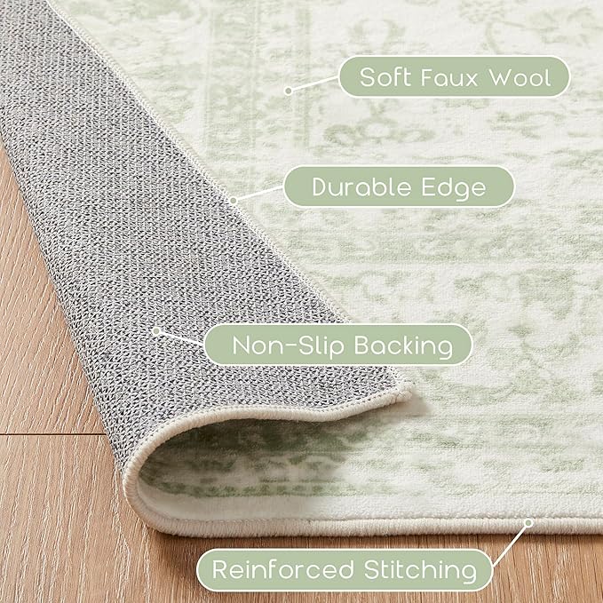 Sage Green Rug for Bedroom Neutral Boho Farmhouse Floral Washable Soft Faux Wool No Slip Area Rugs for Living Room Home Office,5x8