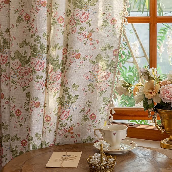 ENJOYBRIDAL Pink Floral Curtains 96 Inch Long Bedroom Semi Sheer Drapes Living Room Farmhouse Boho 2 Panel Sets Window Curtain Panels Dining Room Decor Rod Pocket Tassel Window Treatments