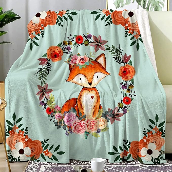 Fox Blanket Flower Fox Print Throw Blanket Ultra Soft Flannel Blankets Gifts for Kids Adults 50"x40"