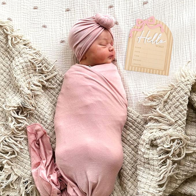 Bow Hello World Wooden Board - Hospital Newborn Information Record,Birth Milestone Bulletin Board Photo Props,Sweet Pink Bow Nursery Decorations,Little Princess Hello World Announcement Sign