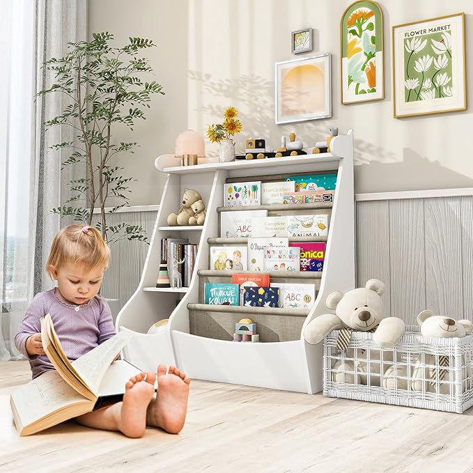 FKWin White Kids Bookshelf with 4 Layer Sling Bookcase,Deer Design Toddler Book Shelf for Kids Rooms Montessori Toy Storage with Adjustable Shelves