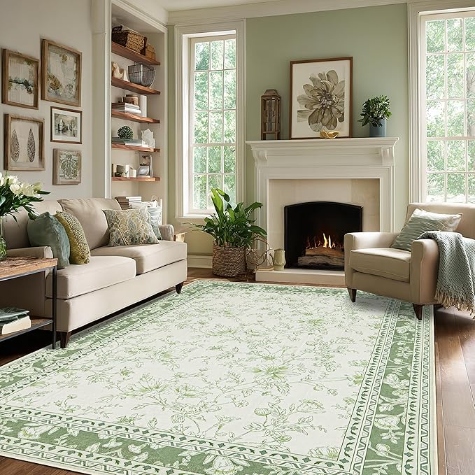 Sage Green Rugs for Bedroom 7x9 Area Rug for Living Room Machine Washable Light Green Cream Beige Printed Non-Slip Vintage Floral Distressed Indoor Boho Farmhouse Carpet for Dining Room Nursery