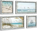 Beach Framed Wooden Pictures Wall Art: Coastal Art Set of 4 Seascape Prints Starfish Pictures Ocean Artwork for Bedroom Overall 36"W x 24"H