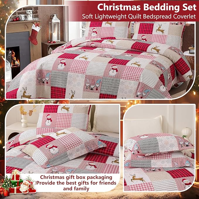 Jessy Home Christmas Bedding Set King Christmas Quilt Bedspread Pink Gnome Santa Claus Plaid Patchwork Xmas Quilt Bedding Decor Winter Snowman Elk Lightweight Reversible Bedspread Coverlet