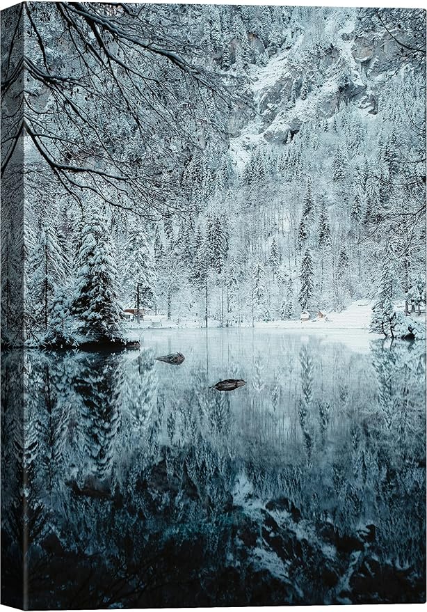 SIGNWIN Canvas Wall Art Woodland Nursery Decor Magical Winter Reflection Lake Nature Forest Photography Realism Rustic Scenic Dramatic Multicolor Cool for Living Room - 32"x48" inches