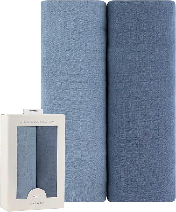 Ely's & Co. Cotton Muslin Swaddle Blanket 2-Pack for Baby Boy — 100% Cotton Muslin Extra-Large Swaddle Blankets (47” x 47”) — Sapphire Blue & Indigo Blue