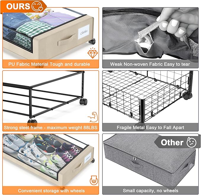 Under Bed Storage with Wheels, 2-Pack Under Bed Storage Containers with Clear Lids, XXL 60L Under the bed storage Organizer Bins, Rolling Under Bed Metal Drawer for Clothes,Shoes,Toys (White, 2 Pack)
