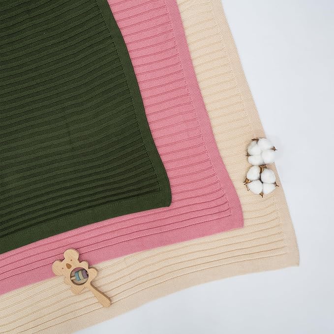 Baby Knit Blanket, 100% Cotton Ribble Patterns, Soft, Cozy, Lightweight Swaddle for Newborn & Infant Swaddling Beige Neutral, Perfect Baby Shower Ideas Green 30x30