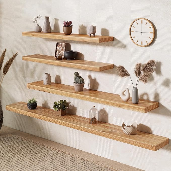 Floating Shelves 40"W x 8"D, Solid Elm Wood Shelves for Wall, 8 Inch Deep Floating Shelves for Home Storage & Display, Rustic Wooden Bathroom Shelves 40 Inch Long, Set of 2, Heavy-Duty Bookshelf