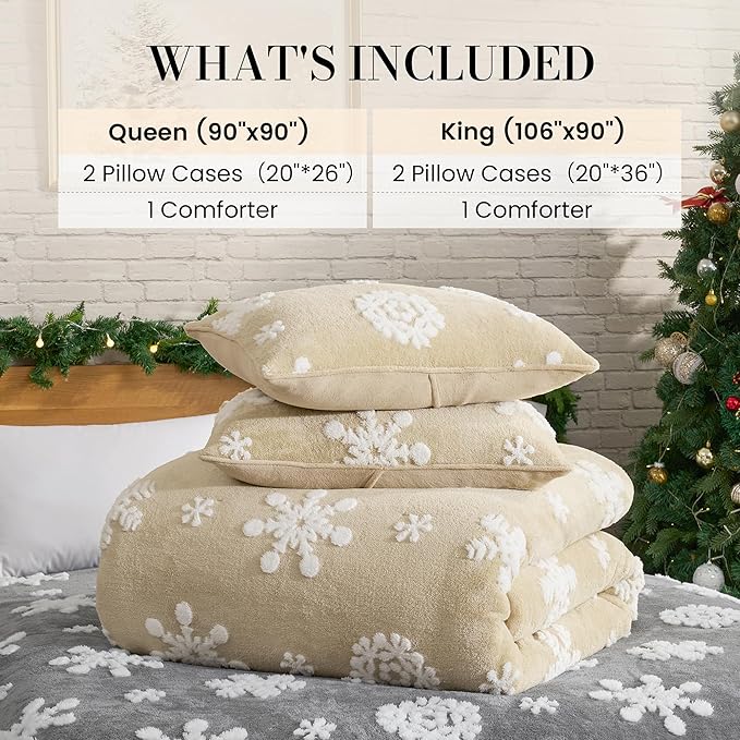 Amélie Home Christmas Comforter Set Queen, Beige Snowflake Comforter, Fluffy Fleece Comforter Set, Super Soft &Fluffy Plush Bedding Set for Winter, 3 Pieces, 1 Soft Comforter and 2 Pillow Shams