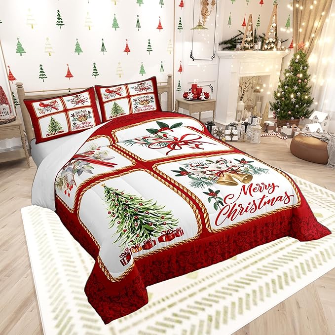 Christmas Plaid Full Size Comforter Set,Berries Cardinals Xmas Pine Print Bedding Comforters Bedroom Collection,Floral Bells Red Lace Patchwork Bedding Set for Girls Teens