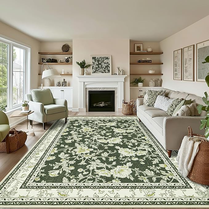 Olive Green Floral Print Area Rugs for Bedroom Living Room Boho Farmhouse Country Rustic Dining Room Carpet Soft Washable Rugs Non Slip Floor Covering for Nursery Playroom 6x9