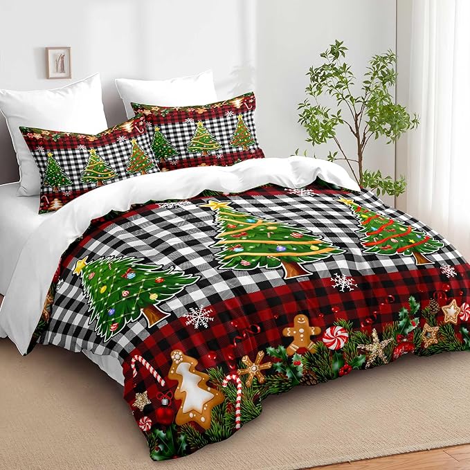 Christmas Duvet Cover Twin Size Black White Gingham Bedding Set Kids Boys Girls Red Plaid Grid Christmas Tree Gingerbread Man Comforter Cover 2 Pcs with Zipper Closure (No Comforter)