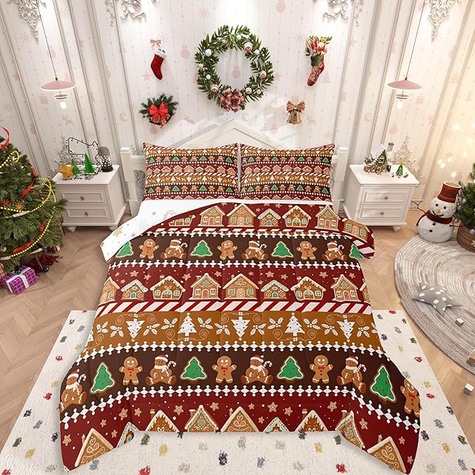 Feelyou Merry Christmas Comforter Set Queen Size Greenland Home Bedding Set for Kids Boys Girls Xmas Tree Duvet Quilt Striped Bedroom Decor Microfiber 3 Pcs with 2 Pillow Cases