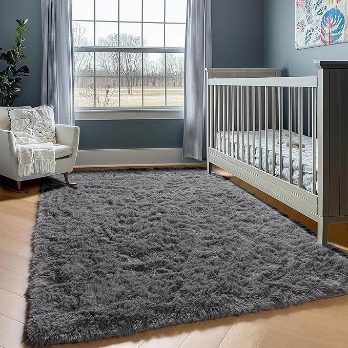 ONASAR Grey Area Rugs 9x12 Living Room, Gray Large Fluffy Shag Bedroom Rug, Washable Soft Plush Thick Shaggy Big Floor Carpet for Kids Boy and Girls Teen Dorm Nursery Indoor Home Decor Aesthetic