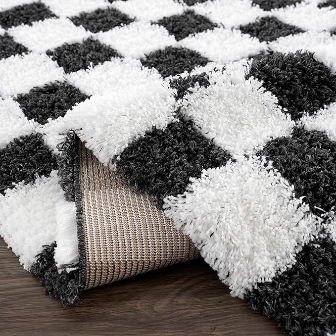 Hauteloom Atira Contemporary Checkered Fluffy Shag Runner Rug - Modern Geometric Carpet Tiles for Hallway, Hitchen - Plush Pile Carpet Squares - White,Black - 2'7" x 10'