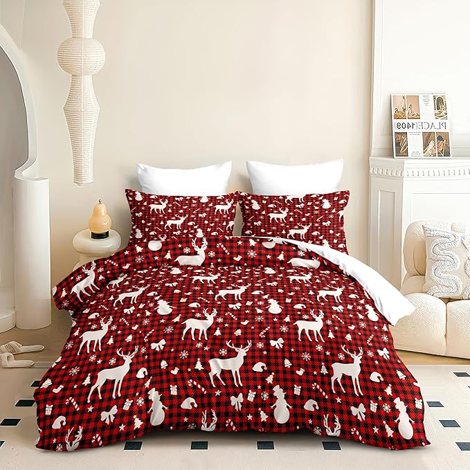 Christmas Duvet Cover Full Size Red Gingham Christmas Bedding Set 3 Pcs Kids Boys Girls Xmas Black Plaid Bow Pattern Comforter Cover with Zipper Closure (No Comforter)