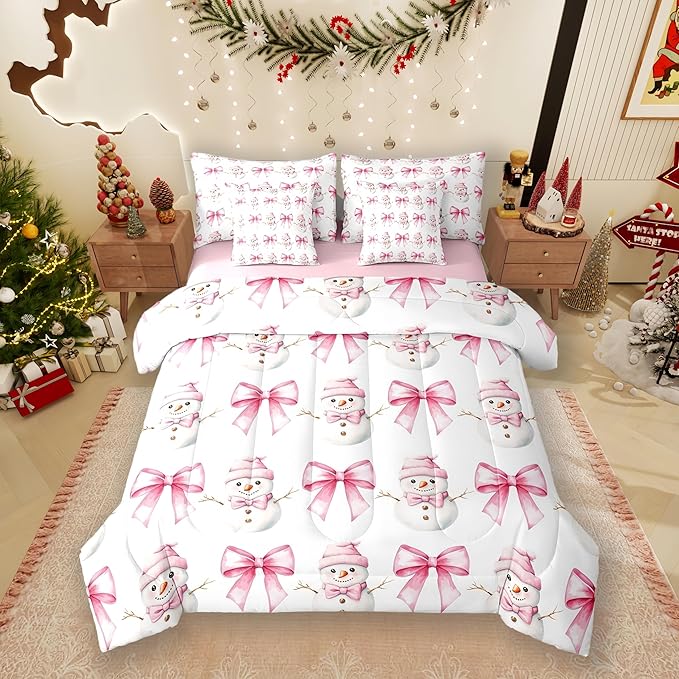 7 Pieces Cartoon Snowman Kids Comforter King,Pink Bowknot Bow Tie Princess Toddler Bedding Set,Merry Christmas Xmas Bow New Year（Comforter+Fitted+Flat Sheet+2 Pillowcases+2 Throw Pillow Covers）