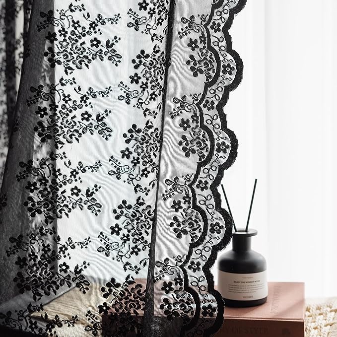 Anmao Vintage Lace Curtains 96 Inches Long 2 Panels Set, Romantic Elegant Light Filtering Semi Sheer Floral Thick Lacy Curtain Drapes for Living Room and Bedroom, Each Panel 55W x 96L, Black