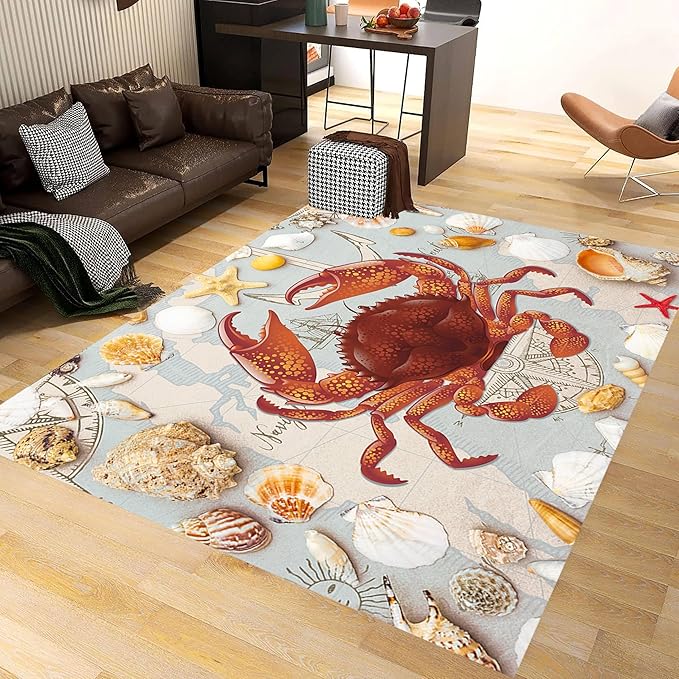 Nautical Theme Area Carpets, 4x5ft, Ocean Crab Shell Floor Rugs, Vintage Compass Anchor Printed Carpets, Machine Washable Foldable Easy-Clean Mats for Dining Room Runners