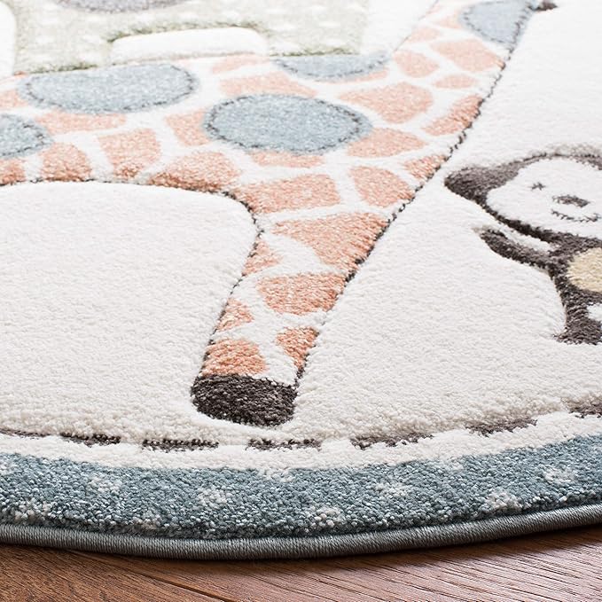 SAFAVIEH Carousel Kids Collection Area Rug - 9' Round, Ivory, Geometric Design, Ideal for High Traffic Areas in Living Room, Bedroom, Dining (CRK120A)