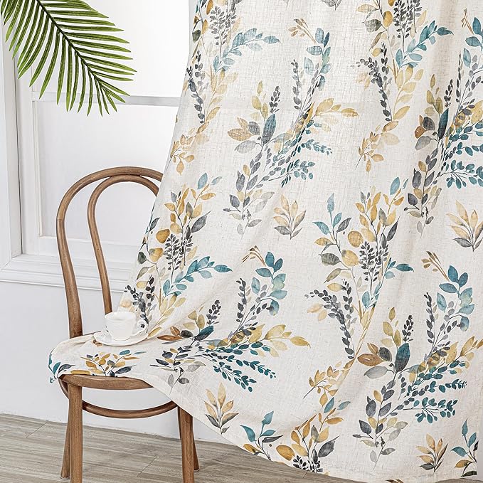 MYSKY HOME Curtains for Living Room Semi Sheer 84 inch Length Light Filtering Privacy Protect Drapes Set Linen Blended Texture Soft Touch Leaves Pattern Treatment, 52" Wide, Yellow and Blue, 2 Panels