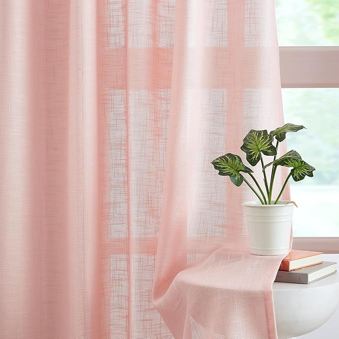 FMFUNCTEX Linen Semi Sheer Curtains for Living Room, Blush Pink Curtains 108 Inches Long for Bedroom, Farmhouse Sheer Extra Long Drapes, Light Filtering Windows Curtain Panels, Grommet Top 2 Panels