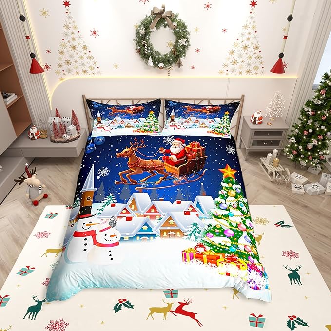 Manfei Christmas Duvet Cover Set Twin Size, Snowman Xmas Tree Santa Claus Bedding Set 2pcs, Reversible Winter Snow Cabin Holiday New Year Quilt Cover with Zipper Closure, 1 Pillowcase, No Comforter