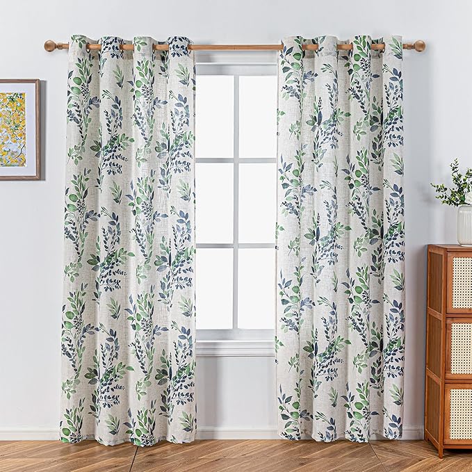 MYSKY HOME Linen Sheer Curtains for Living Room Leaf Patterned Semi Vertical Drapes Decor Farmhouse Style Texture for Dining Room Light Soften Privacy, Green, W52 x L84, Pack-2