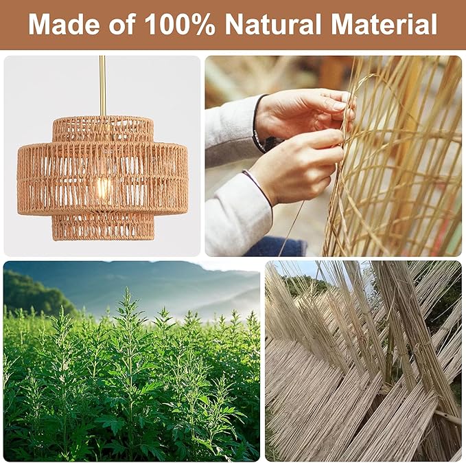 12.4”Boho Rattan Chandelier for Dining Room, 1-Light Hand Woven Pendant Light Fixture Farmhouse Rustic Ceiling Hanging for Kitchen Island Bedroom Living Room Nursery Foyer