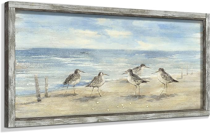 Coastal Framed Painting Wall Decor: Abstract Ocean Wall Art 40"x20" Seagulls Oil Painting Style Beach Picture Printed on Wood Seascape Artwork for Bedroom