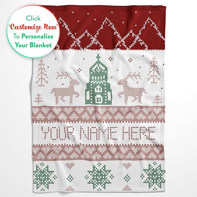 Personalized Christmas Stitch Style Blanket - Ships Next Day from USA - Fleece or Sherpa, Soft Sofa Throw, Customizable Family Throws, Holiday Home Decor, Cozy Christmas Bedding (Fleece 30x40)
