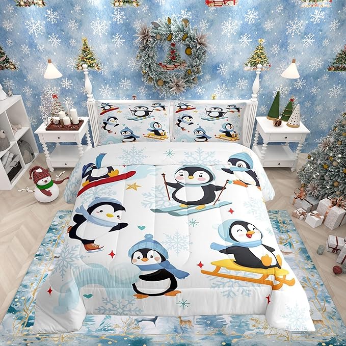 Cute Cartoon Skiing Penguin Twin Size Comforter Set for All Seasons,Winter Snowflake New Year Bedding Set Teens Bedroom Decor,Merry Christmas Theme Comforter Inner Fill with 1 Pillowcase