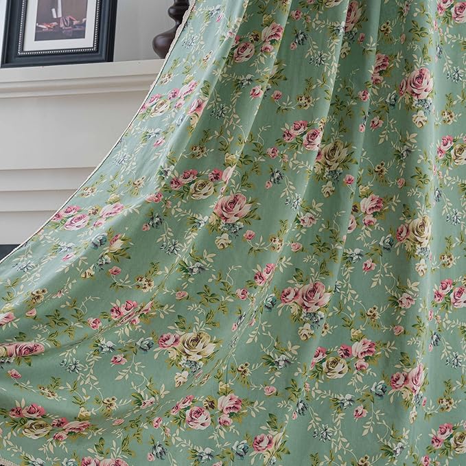 ENJOYBRIDAL Floral 84 Inch Curtains for Living Room Green Drapes Bedroom Semi Sheer Rod Pocket Floor Length Window Curtains 2 Panel Sets Boho Farmhouse Vintage Light Filtering Window Treatments