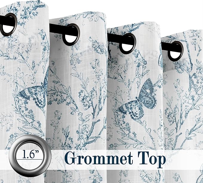 Jubilantex Butterfly Leaf Semi Sheer Curtains 95" L Curtain Panels for Kids Bedroom,Blue Print on White Light Filtering Window Drapes,Grommet Top