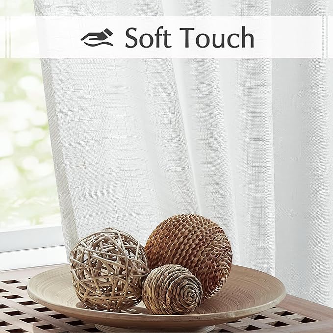 FMFUNCTEX Linen Semi Sheer White Curtains for Bedroom Living Room, Curtain Panels 63 Inch Length Sheer Linen Textured Window Drapes Farmhouse Light Filtering 2 Panels Rod Pocket
